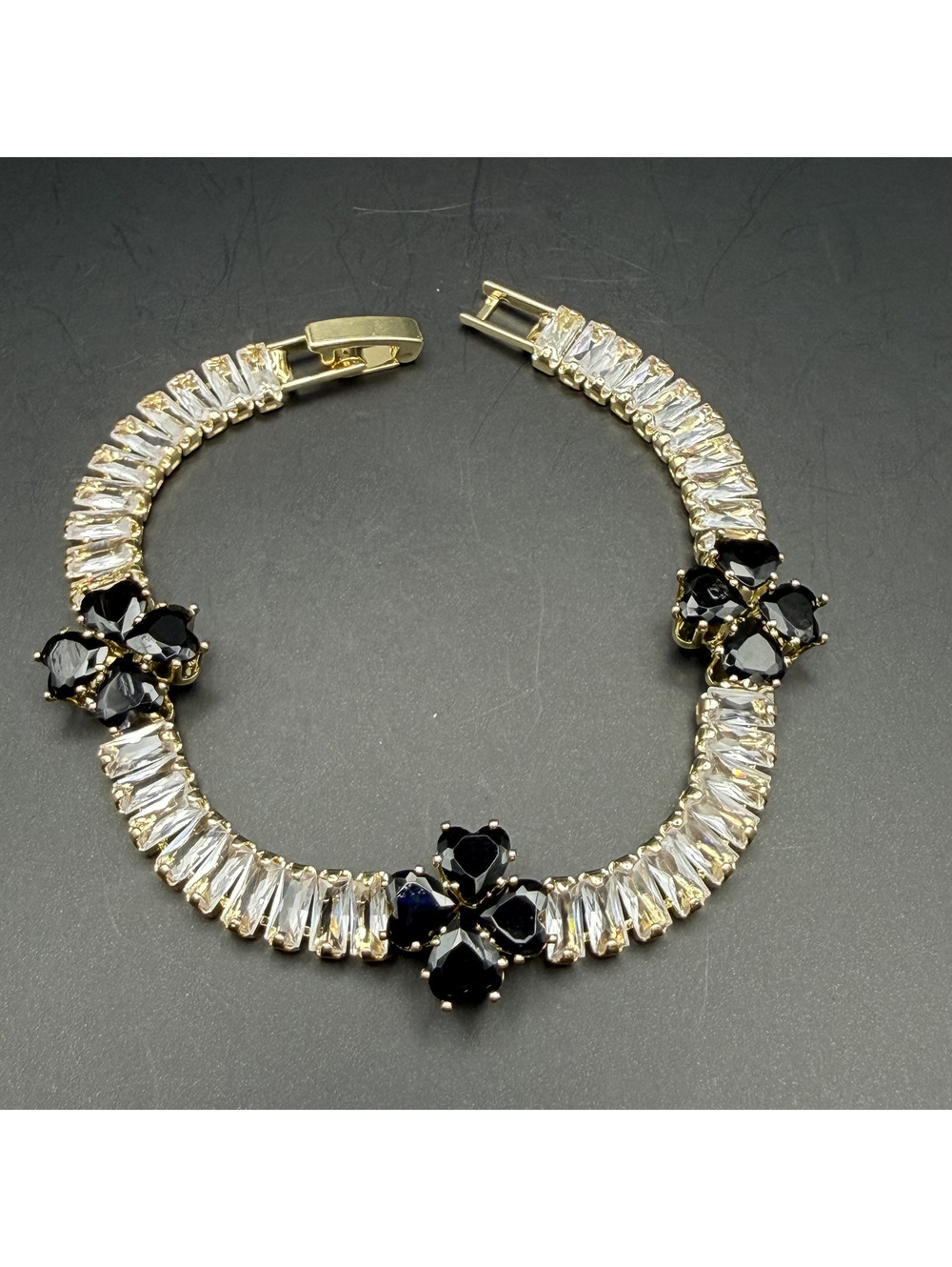 candy+clover clear and black crystal baguette clover gold tone bracelet